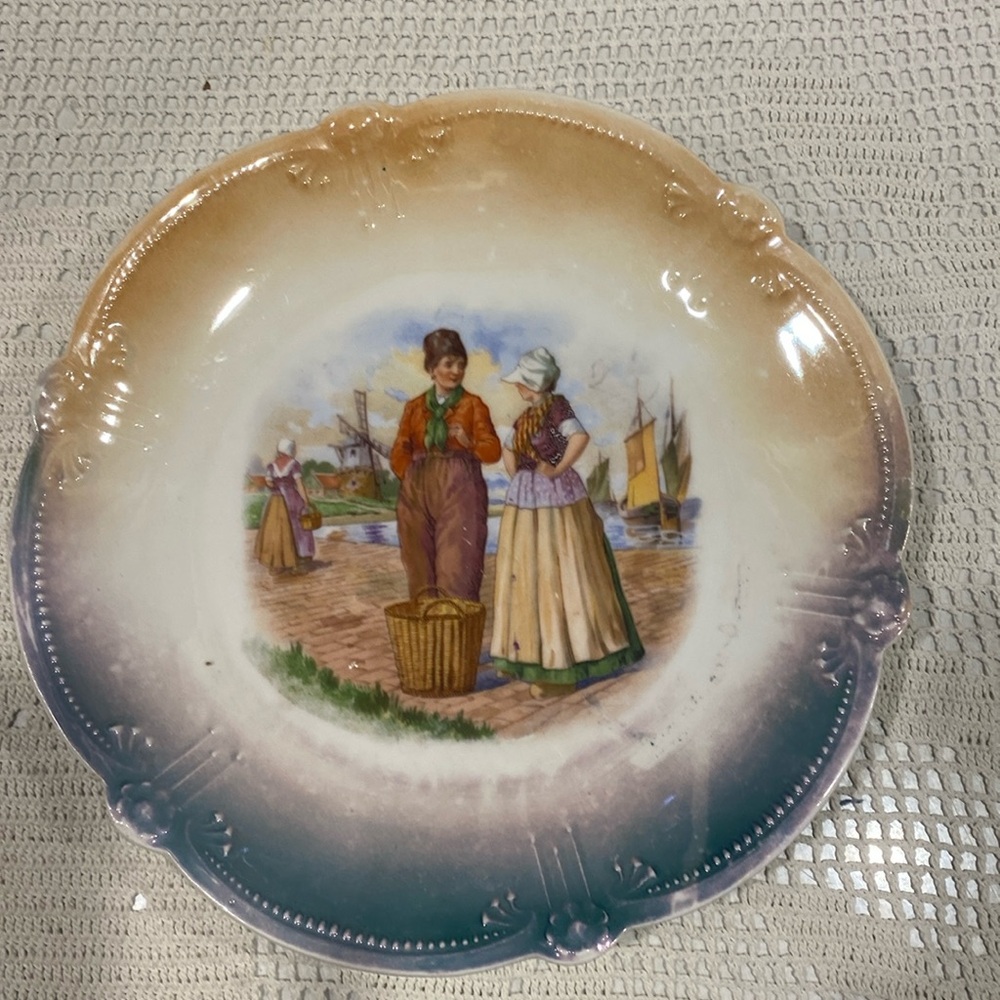 Antique Plate of Dutch Scene, Ships, Windmills Basket, Girl and Boy Talking